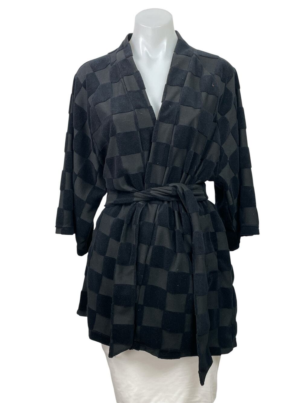 XSET Black Gray Plaid Checkered 3/4 Sleeves Belted Waist Open Front Robe Size S